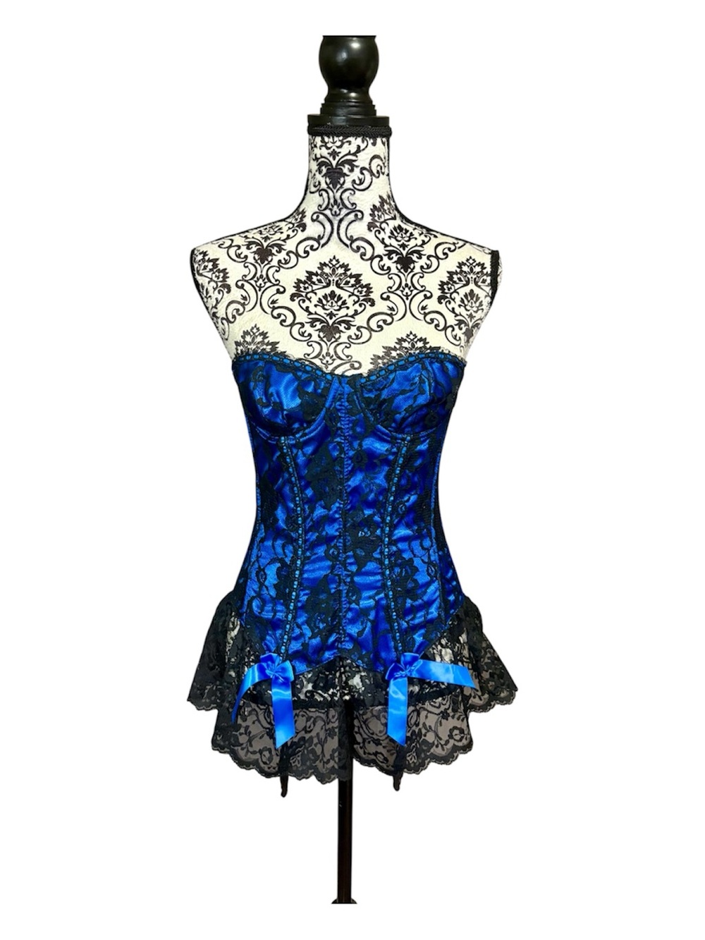 FREDERICK’S of HOLLYWOOD Vintage Blue Satin Lace Bustier Corset with Black Trim
